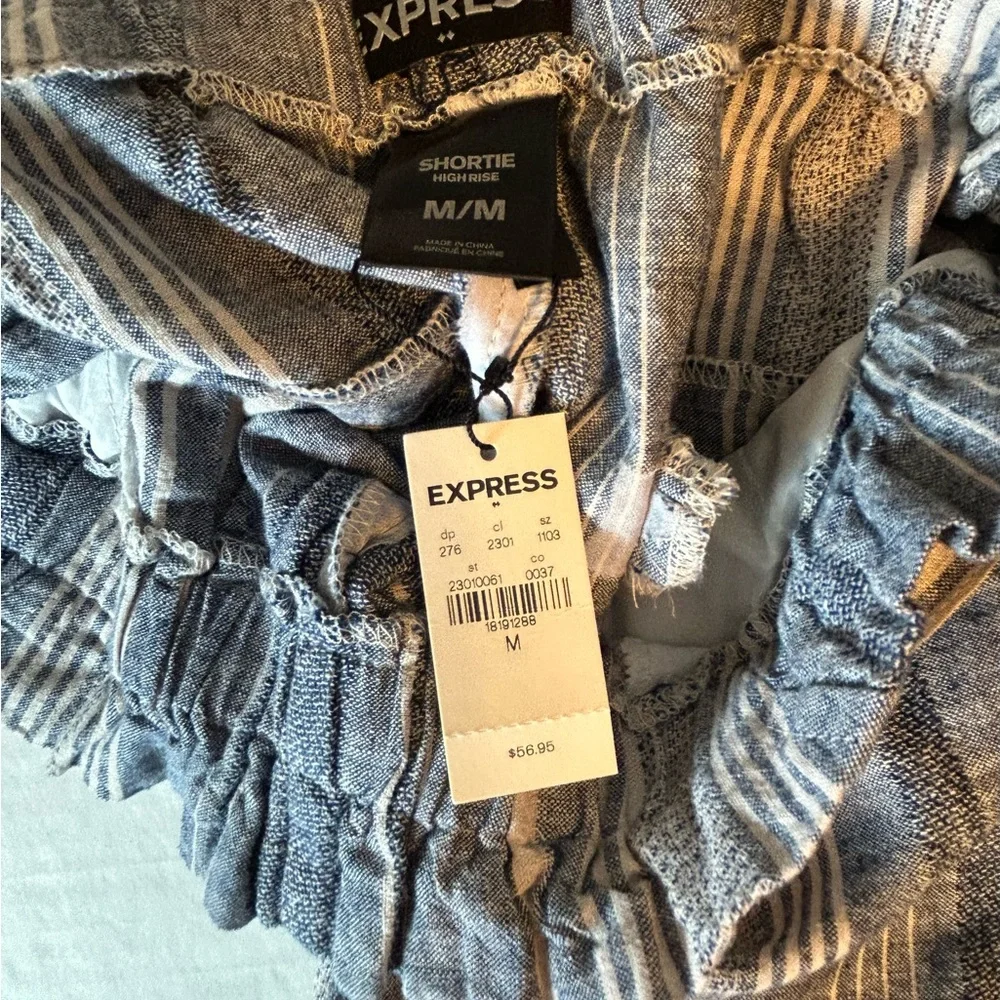 Express “Shortie” high waisted shorts blue/white stripes size medium tie… - Picture 6 of 7